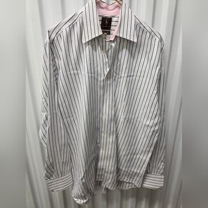 Tailorbyrd White Dress Shirt with Navy Stripes and Pink Collar Trim